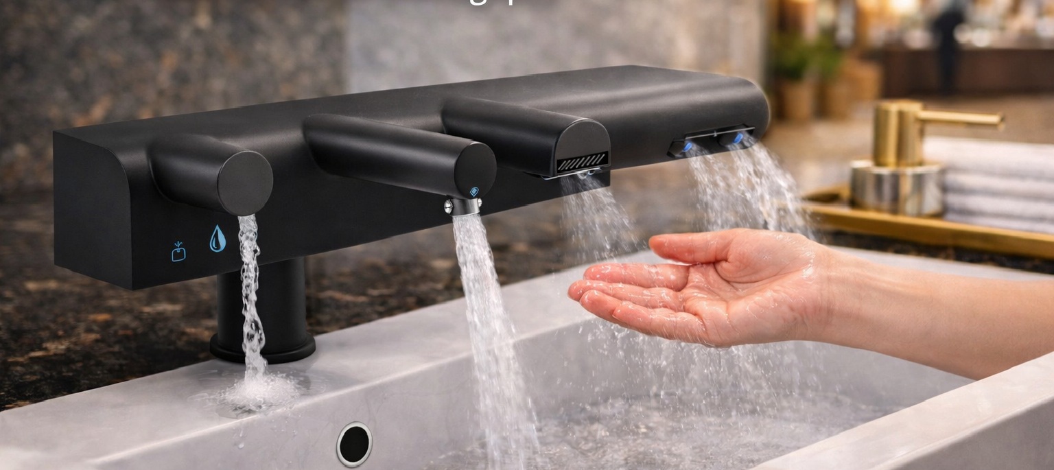 Touchless commercial sink zone with coordinated faucet, soap dispensing, and hand drying in a modern restroom